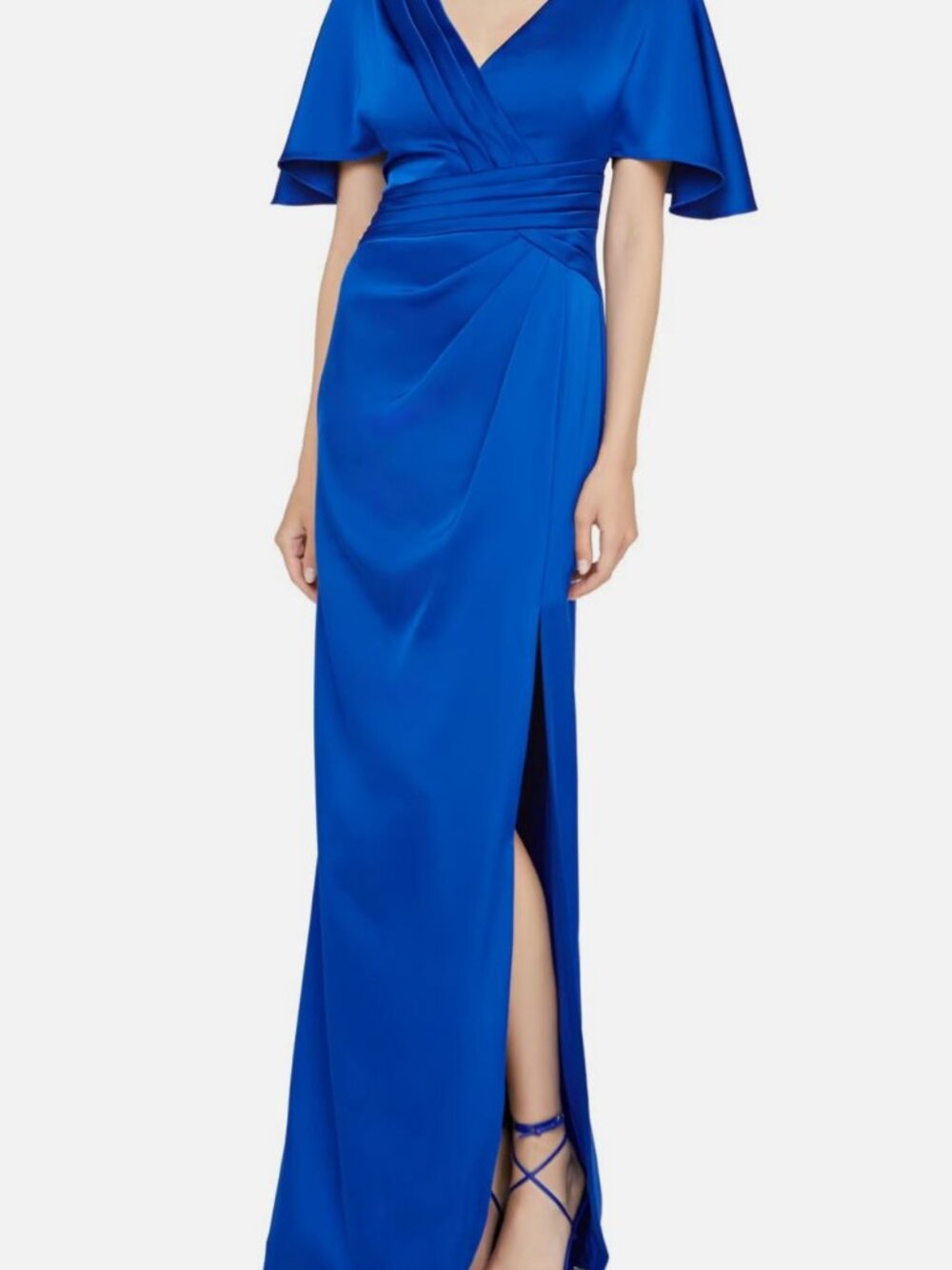 Theia Women's Blue Shea Satin Pleated Flutter-Sleeve V-Neck Gown Dress Size 10